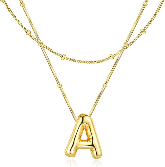 Bubble Letter Necklace for Women, 14k Gold Plated Initial Letter Pendant Necklace Personalized Je... | Amazon (US)