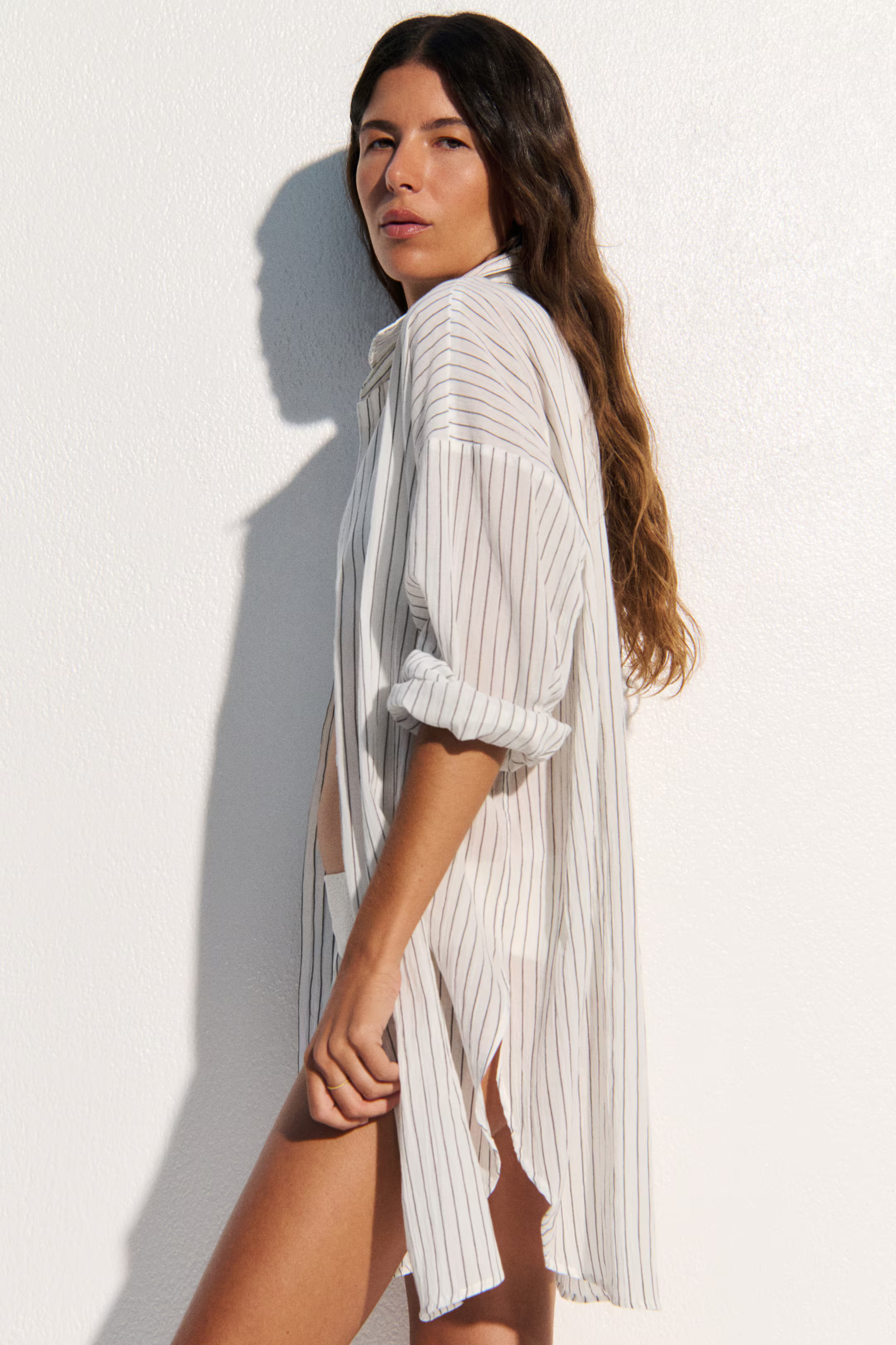 Long Cotton Shirt - White/pinstriped - Ladies | H&M US | H&M (US + CA)