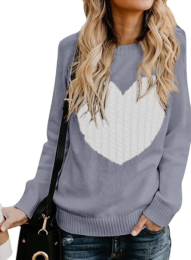 QIXING Women's Pullover Sweater Round Neck Long Sleeve Heart-Shaped Sweater | Amazon (US)