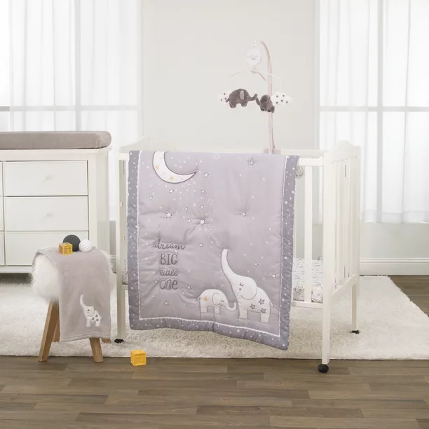 Little Love by NoJo Dream Big Little Elephant Grey, White and Gold 3 Piece Mini Crib Bedding Set ... | Walmart (US)