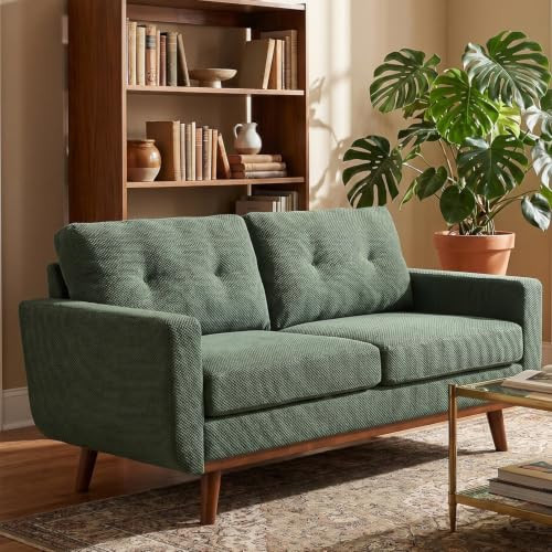 Klwenas Maec 65-Inch Mid Century Modern Loveseat Sofa, Polyester Dark Green Two Seater Upholstered Couch for Small Space Living Room/Bedroom Office/Dorm Studio/Apartment (Dark Green, 65" L) | Amazon (US)
