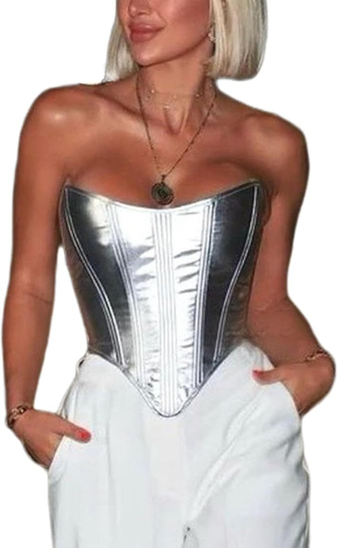 ABMOIU Leather Corset Tops for Women Strapless Lace Up Boned Sweetheart Neck Bodyshaper Bustier S... | Amazon (US)