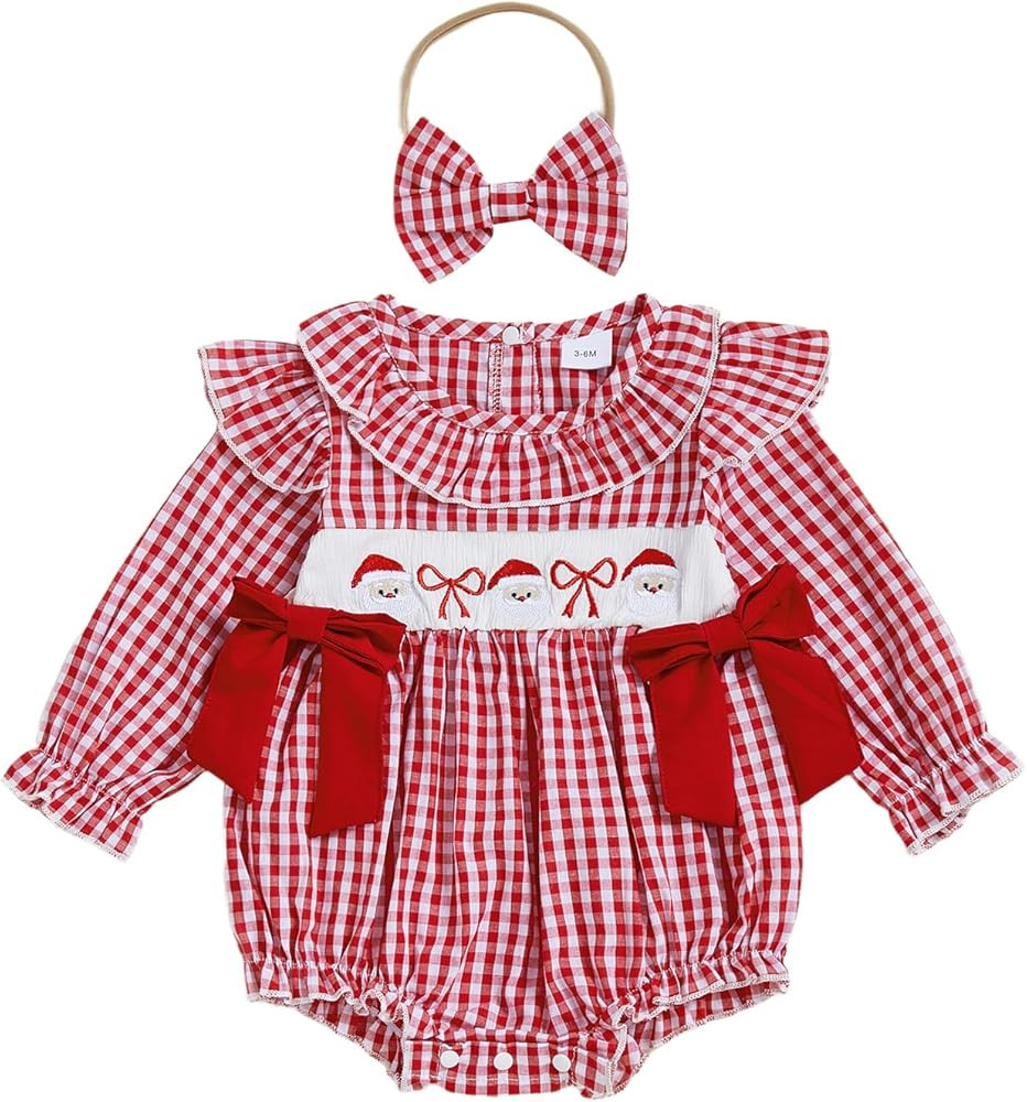 My First Christmas Baby Girl Outfit Newborn Santa Smocked Bubble Romper Christmas Tree Bodysuit C... | Amazon (US)