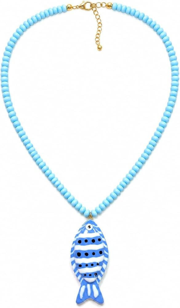 Fish Pendant Necklace For Women, Boho Summer Exaggerated Marine Animal Blue Acrylic Resin Beaded ... | Amazon (US)