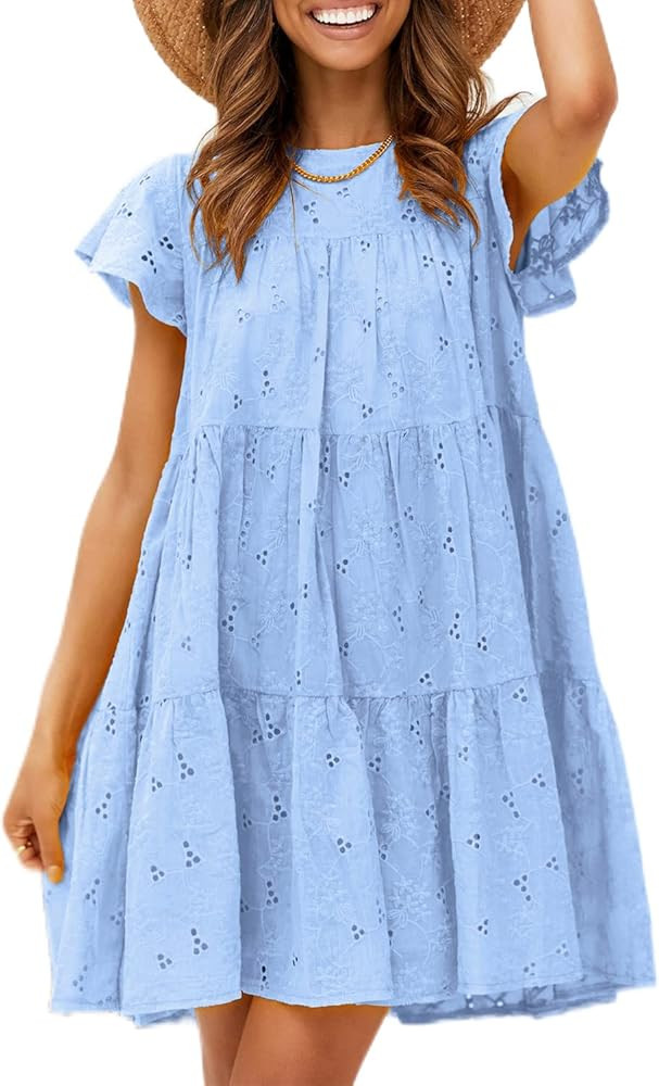 Amegoya Women Summer Tunic Dress Eyelet Casual Loose Flowy Swing Mini Dresses | Amazon (US)