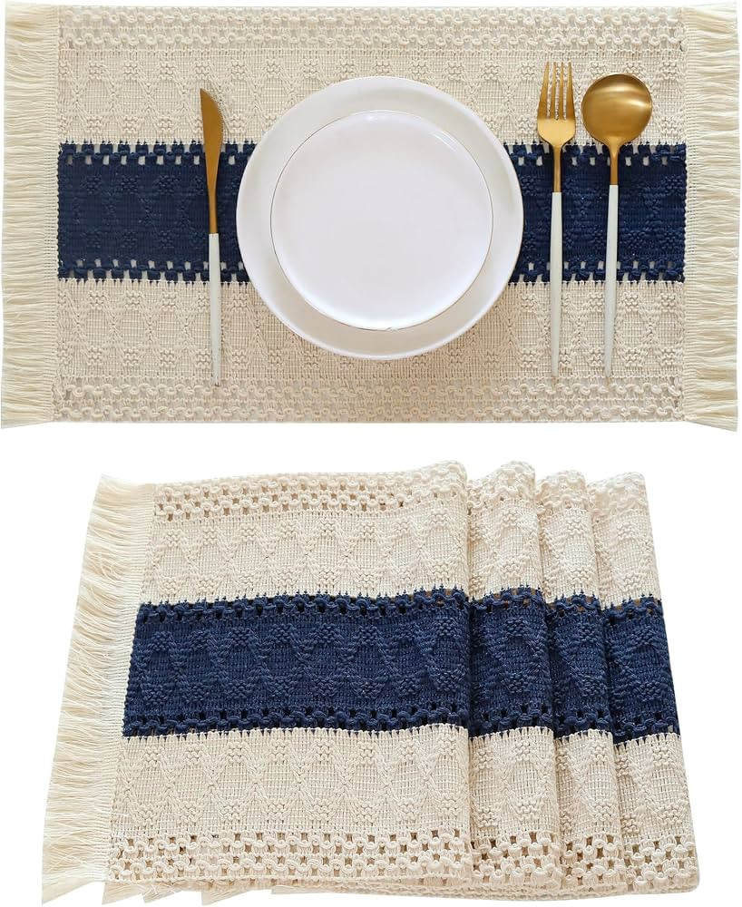 Boho Placemats Set of 4 with Fringe Navy Blue | Amazon (US)