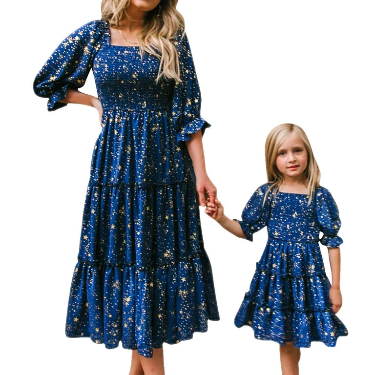 FYMNSI Summer Dresses for Women Mommy and Me Star Print Smocked Tiered Dress Half Sleeve Spring A... | Walmart (US)