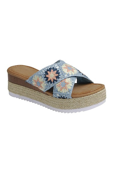 Crochet Embroidered X Strap Espadrille Platform Sandals-Light Blue | Fashion Junkee