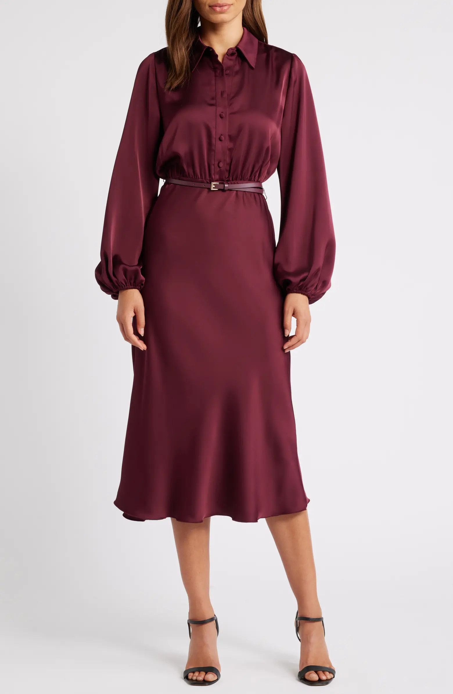 Fluid Long Sleeve Satin Midi Shirtdress | Nordstrom