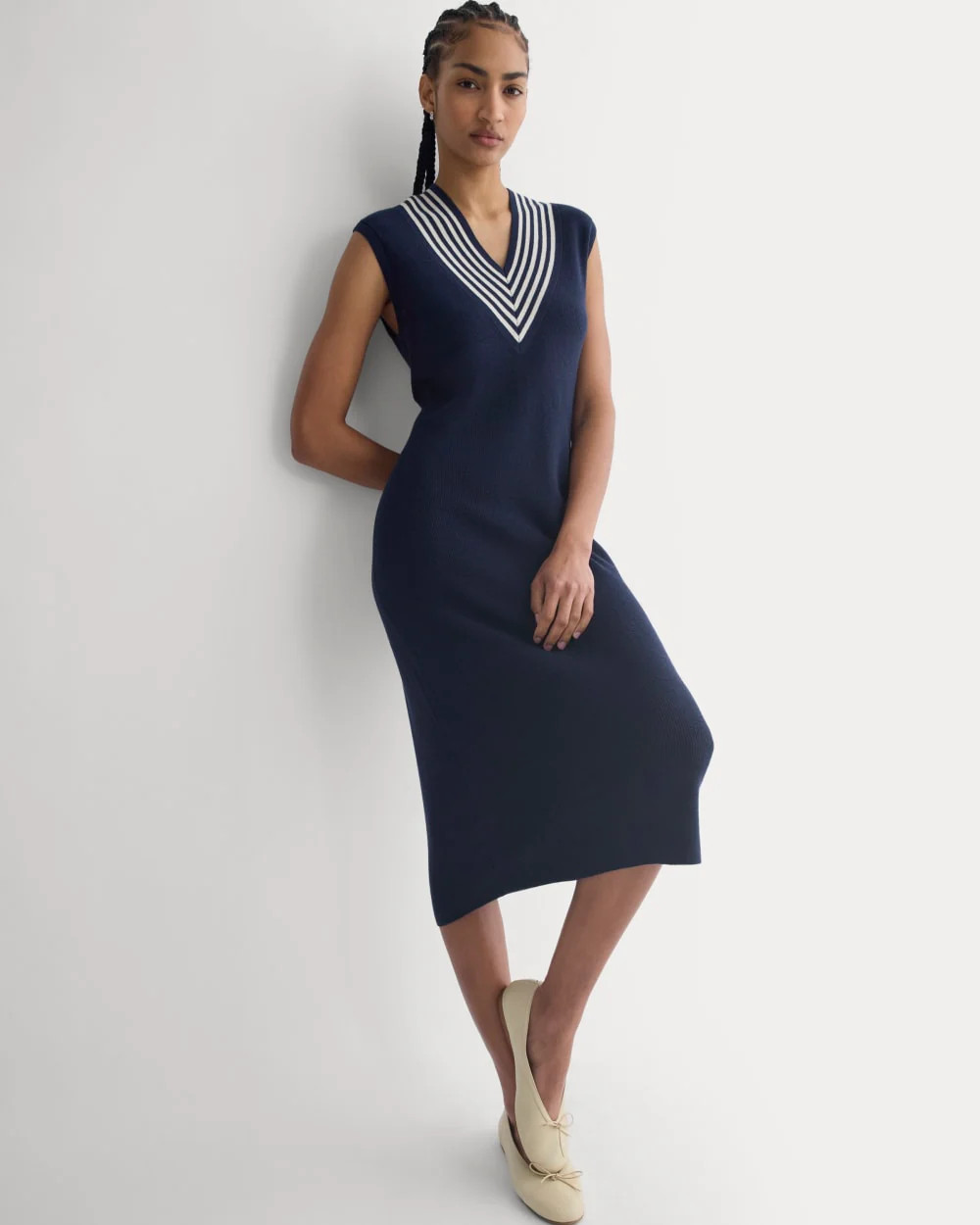 Relaxed V-Neck Midi Sweater Dress in Cotton Merino | Navy | Everlane