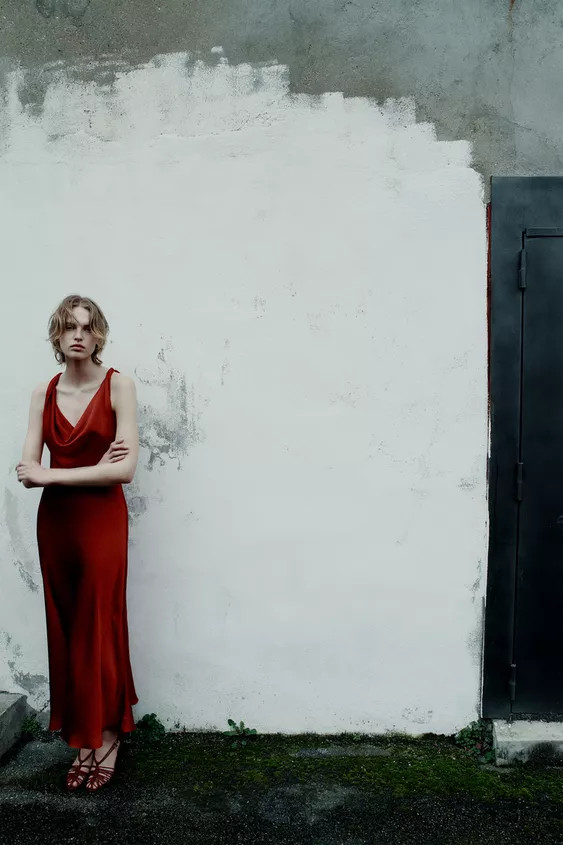 ZARA WOMAN COLLECTIONLong dress with a flowy V-neck and wide straps. Asymmetrical hem with a flar... | Zara US