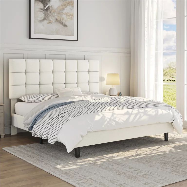 Smile Mart Queen Size Modern Upholstered Platform Bed with Wooden Slats Support, Beige | Walmart (US)