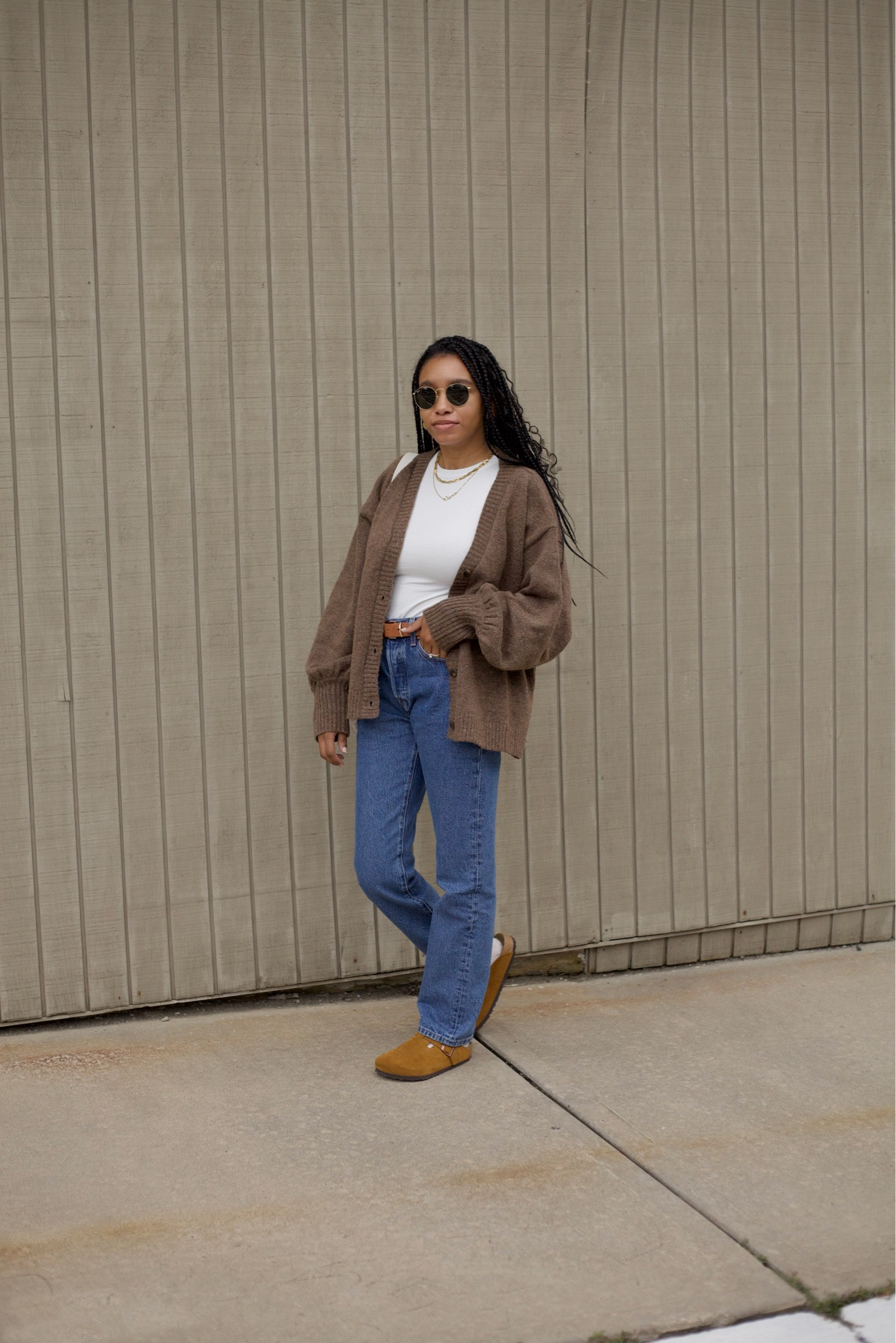 Cardigan is from Vrg Grl. Linked similar here. Jeans are size 26 (I sized up one). Birks are true to size.