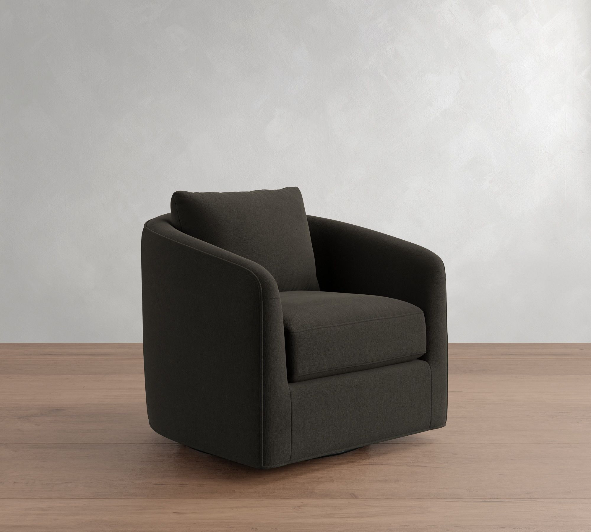 Remmy Upholstered Petite Swivel Armchair, Polyester Wrapped Cushions, Performance Everydayvelvet™ Smoke | Pottery Barn (US)