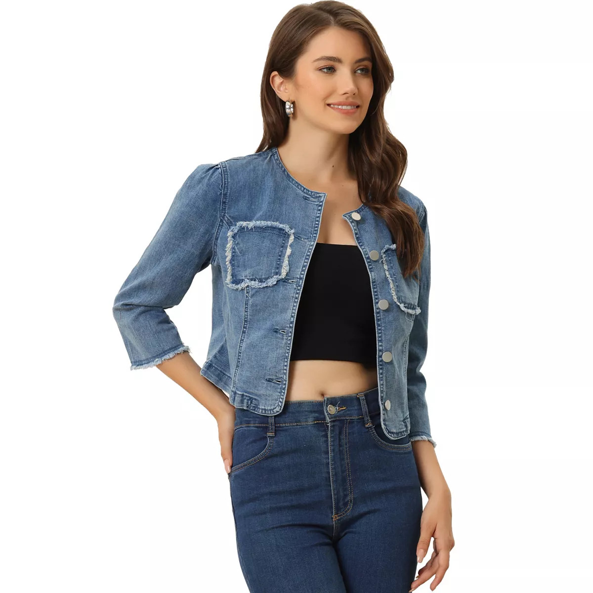 Denim Crop Jacket For Women's Round Neck 3/4 Sleeves Frayed Casual Jean Jacket | Kohl's