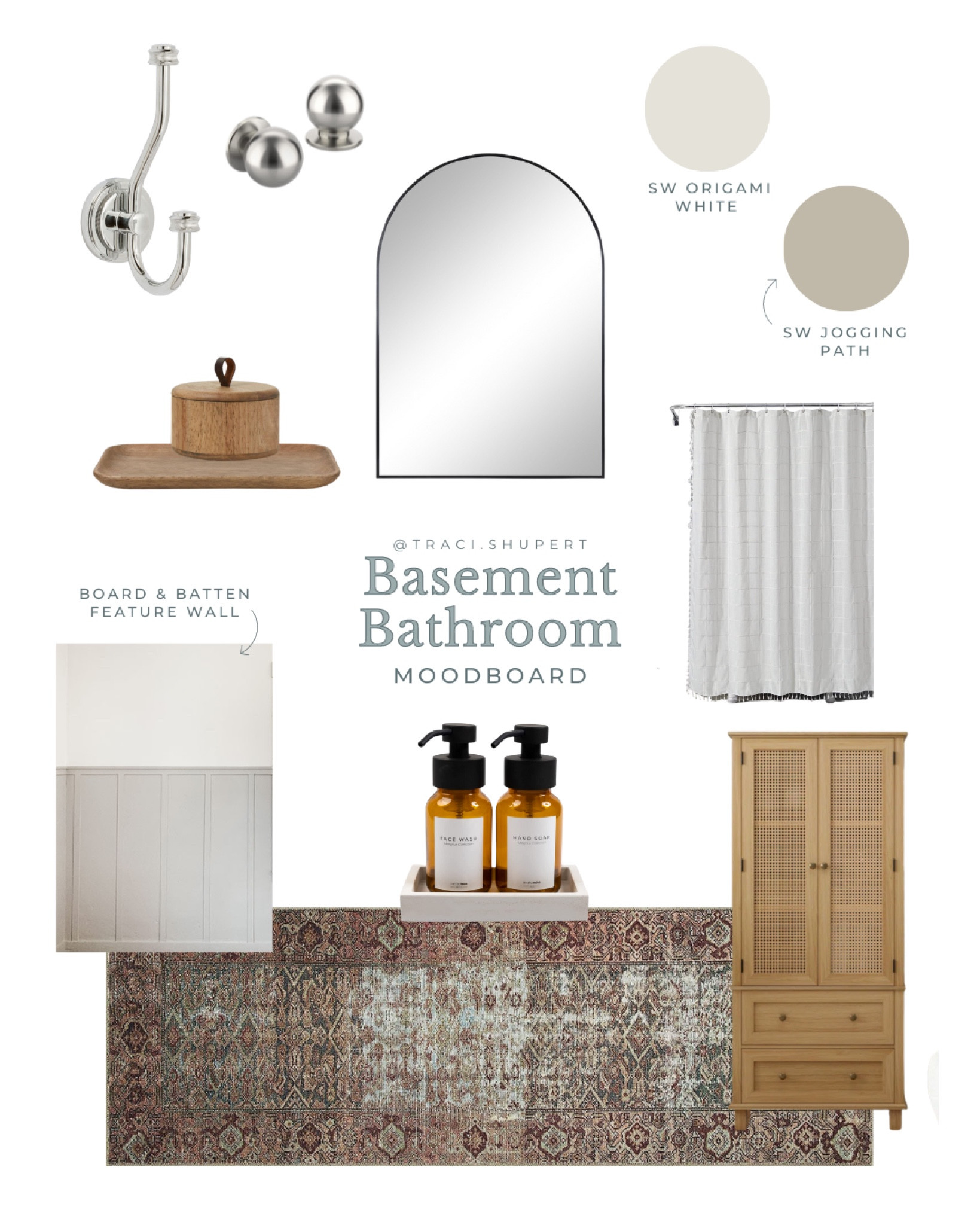 My Bathroom Moodboard | arched mirror, shower curtain, Amber Lewis Loloi runner rug, polished nickel hook, polished nickel cabinet hardware, Sherwin Williams paint, soap dispenser, Casaluna bathroom, linen cabinet

#LTKfamily #LTKhome #LTKFind