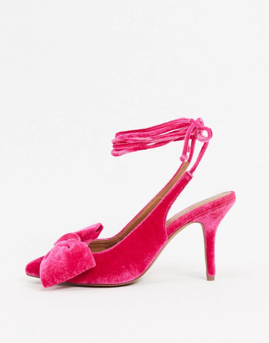 ASOS DESIGN Sylvie tie leg mid-heels with bow in pink velvet | ASOS (Global)