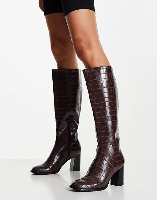 Miss Selfridge retro brown croc high knee boot | ASOS (Global)