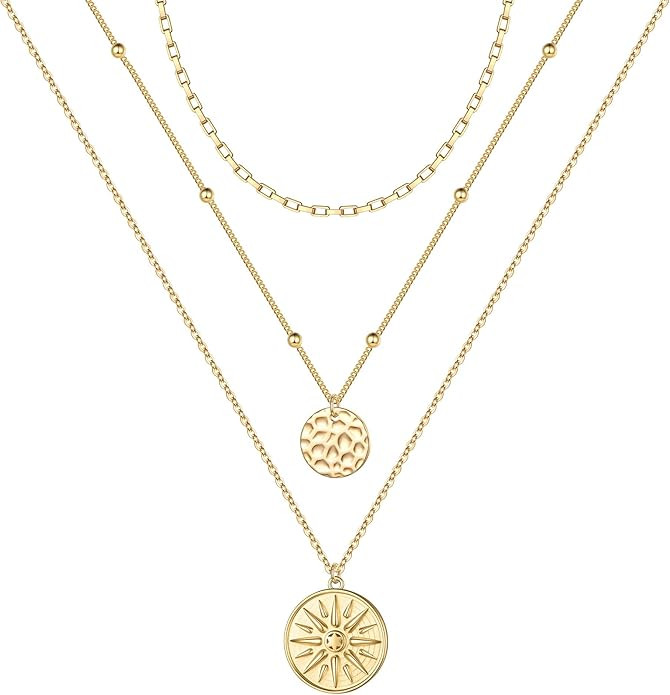 Turandoss Gold Layered Necklaces for Women - 14K Gold Plated Handmade Multilayer Bar Pearls Coin ... | Amazon (US)