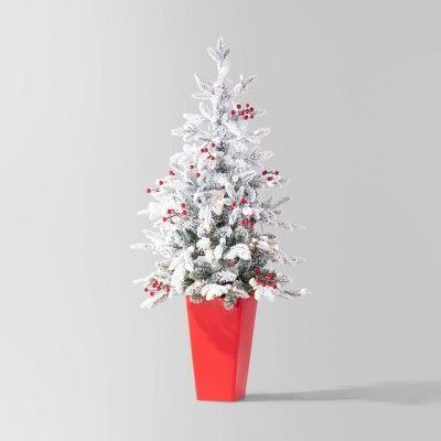 4' Pre-Lit Flocked Balsam Fir Potted Mini Artificial Christmas Tree with Red Berries Clear Lights... | Target