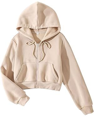 Sdencin Women Long Sleeve Zip Up Cropped Fleece Hoodie Workout Casual Solid Pocket Drawstring Hoo... | Amazon (US)