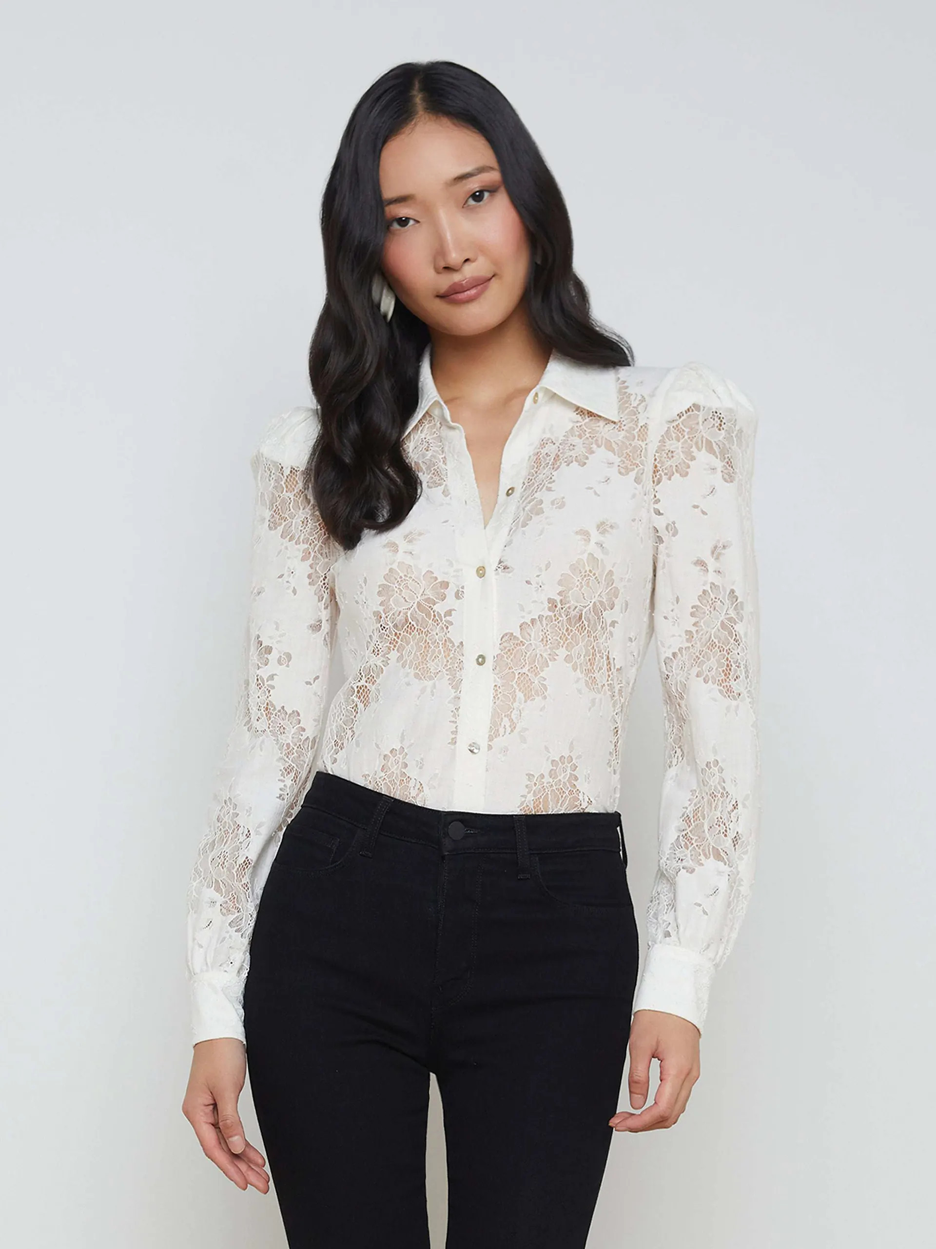 Jenica Lace Blouse in Ivory | L'AGENCE | L'Agence