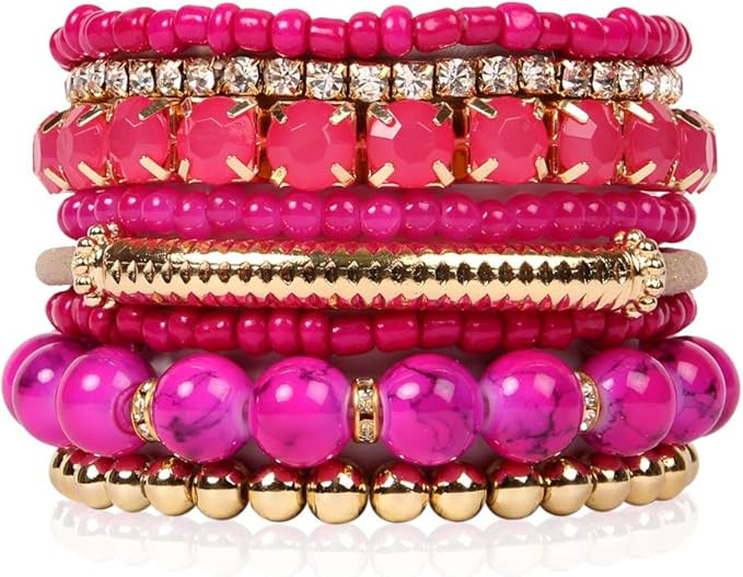 RIAH FASHION Multi Color Stretch Beaded Stackable Bracelets - Layering Bead Strand Statement Wrap... | Amazon (US)