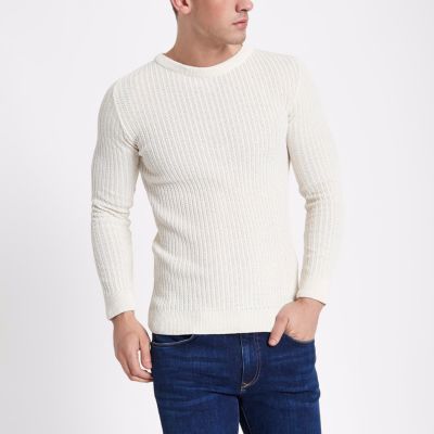 Cream rib muscle fit crew neck sweater | River Island (US)