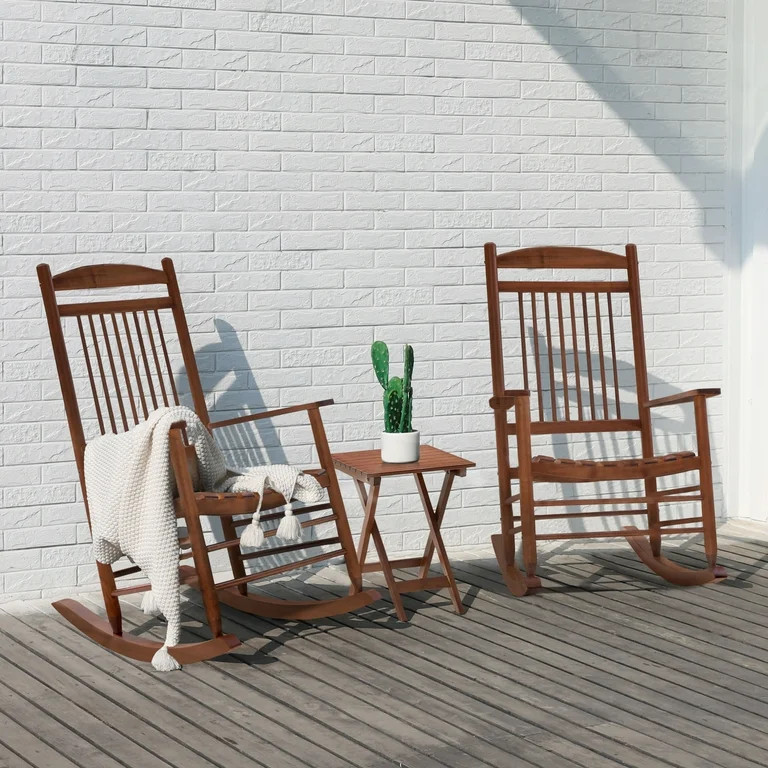 VEIKOUS Outdoor Rocking Chair Set of 3 Indoor Wooden Rocker Bistro Set w/Foldable Table, Natural ... | Walmart (US)