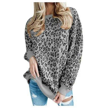 t shirts for women Women s Loose Leopard Sweatshirt Jumper Round Neck Long Sleeve Pullover Tops | Walmart (US)