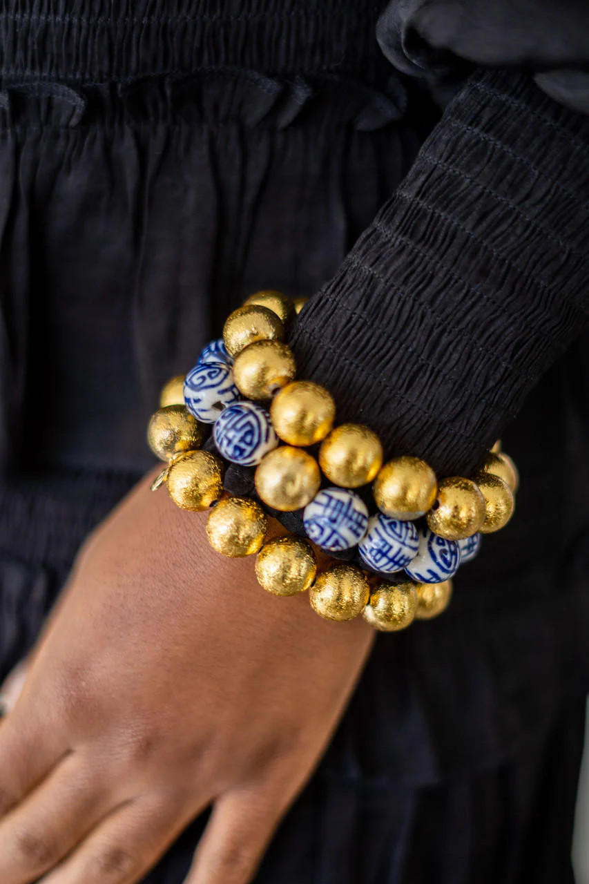 Georgia Beaded Bracelet Stack - 1 Blue Chinoiserie & 2 - 14mm All Gold | Lisi Lerch Inc