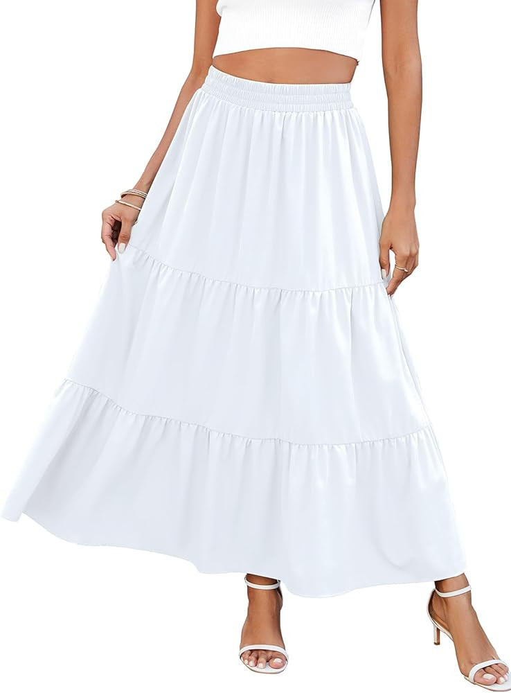 HUSKARY Maxi Skirts for Women Summer Fall Casual Elastic High Waist Pleated A-Line Flowy Swing Lo... | Amazon (US)