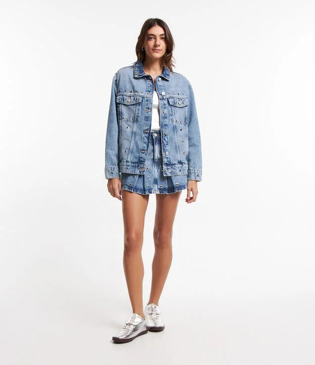 Jaqueta Oversized em Jeans com Ilhós e Lapela com Botão Azul | Renner (BR)