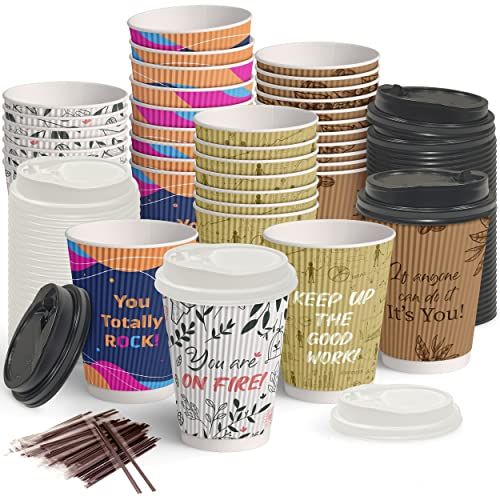Dessie 100 Disposable Coffee Cups with Lids 12 Oz, To Go Coffee Paper Cups with Lids and Stirrers... | Dessie Shop