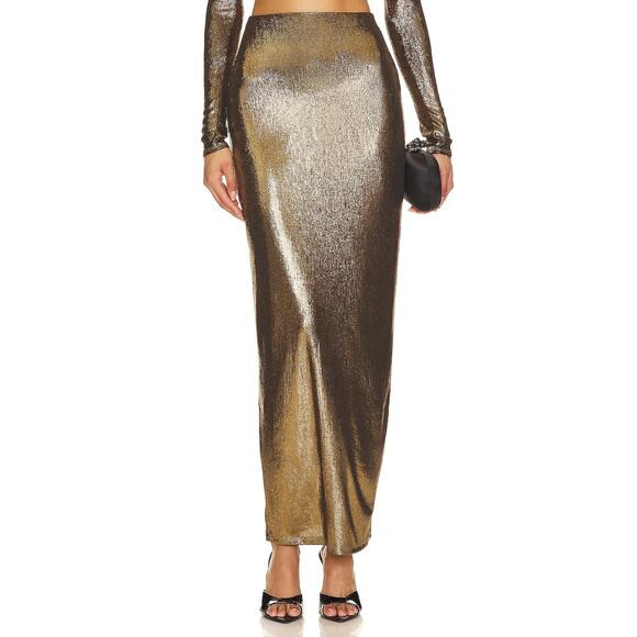 Camila Coelho Leandra Maxi Skirt Gold Metallic Stretch Lame Slinky Sz S | Poshmark
