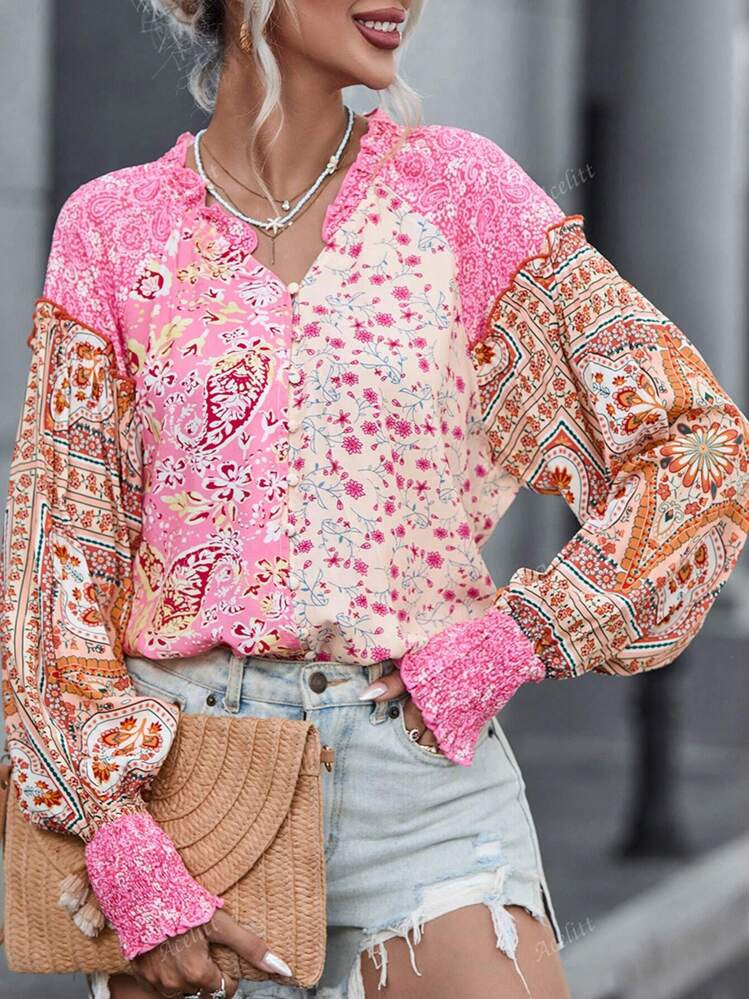 Acelitt Bluse Mit Blumenmuster Und Volantärmeln, Langarmoberteil | SHEIN