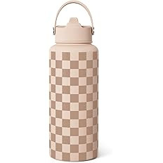 Checkerboard Water Bottle 32oz Stainless Steel with Lid & Straw, Beige Checker Insulated Bottles ... | Amazon (US)