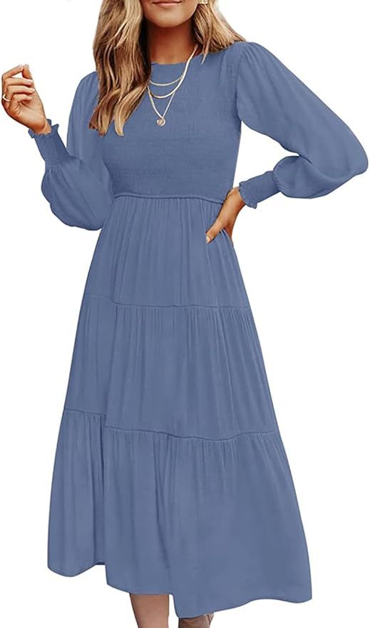 SEBOWEL Women Crew Neck Long Sleeve Maxi Dress Smocked Tiered Ruffle Swing A Line Dress Flowy Coc... | Amazon (US)