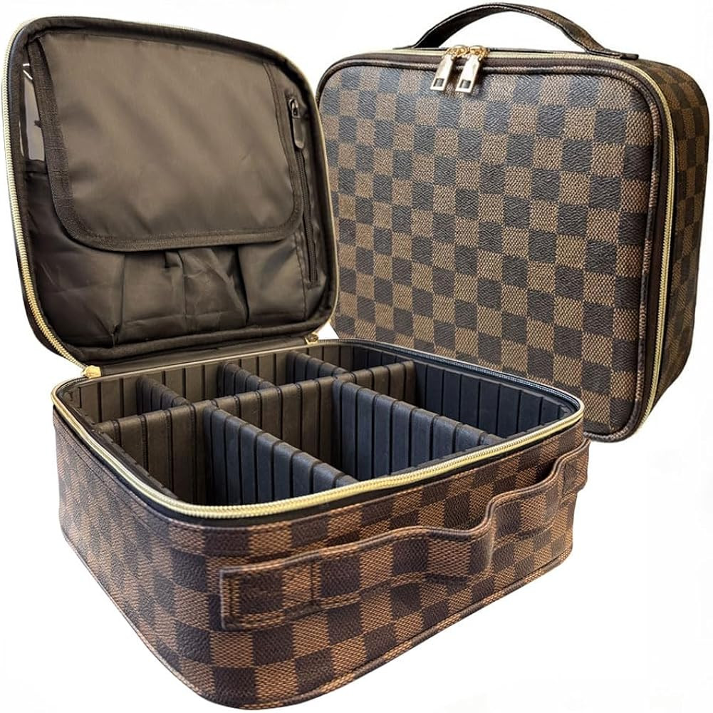 Brown Checkered Makeup Bag Organizer Travel Cosmetic Case with Brush Storage | Large Capacity Mak... | Amazon (US)