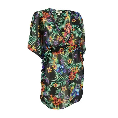 Miken Women s Printed Chiffon Dolman-Sleeve Dress Swim Cover-Up (XS Black/Pink) | Walmart (US)
