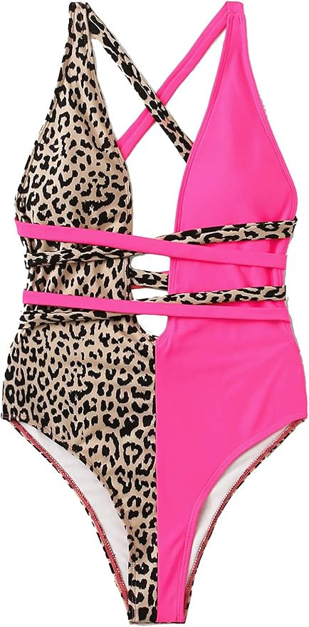 SweatyRocks Women's Sexy Bathing Suits Criss Cross Tie Knot Front Deep V Open Back Leopard One Pi... | Amazon (US)