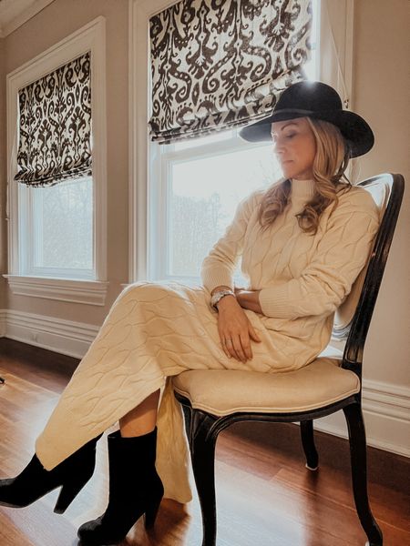 Sometimes simple is better. Maxi cableknit cream sweater dress + western inspired suede ankle boots  for an effortless girls night or date night outfit. 

#LTKSeasonal #LTKunder100