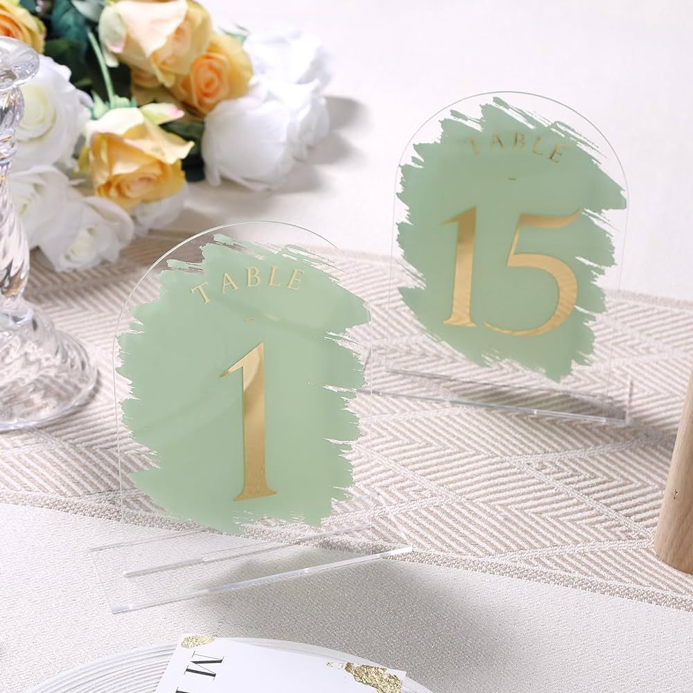 UNIQOOO Sage Green Painted Arch Wedding Table Numbers with Stands 1-15, Gold Foil Printed 5x7 Acr... | Amazon (US)