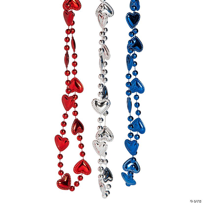 Patriotic Metallic Bead Necklaces with Hearts - 24 Pc. | Oriental Trading Company
