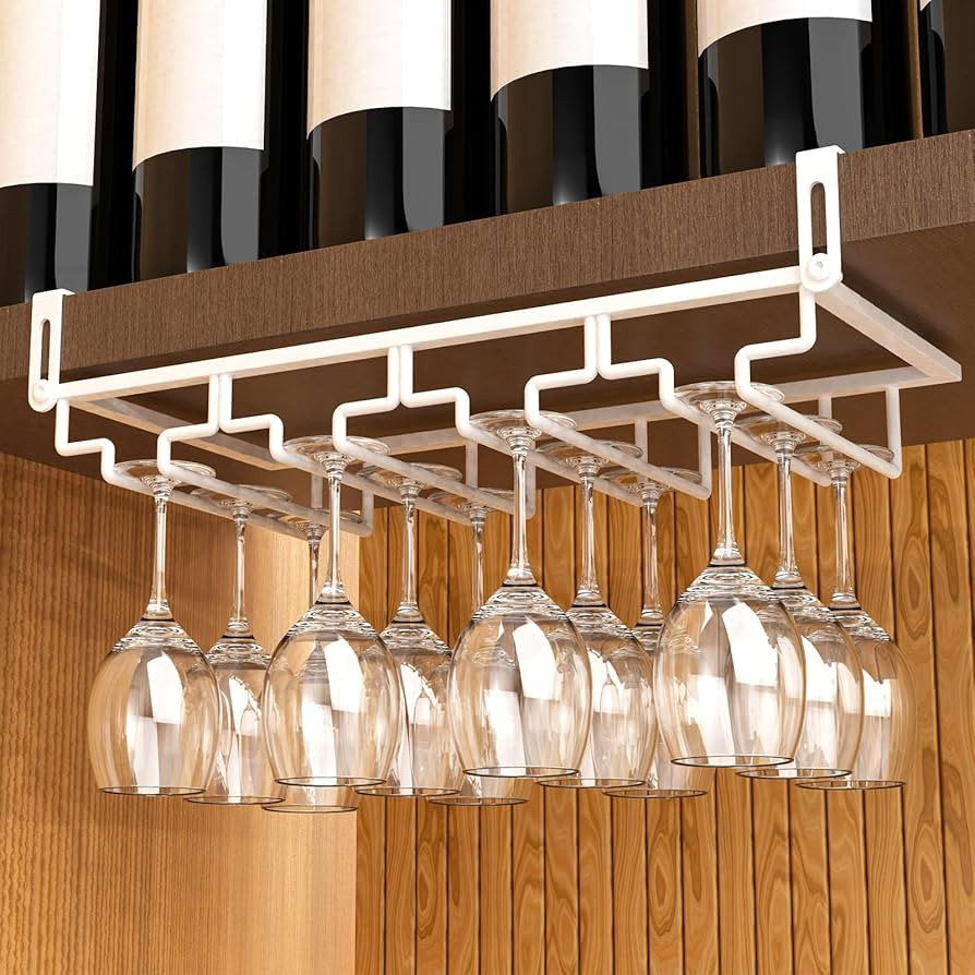 Amazon.com: AUHOKY 2Pcs Adjustable Wine Glass Rack Under Cabinet, Punch-Free 4 Rows Stemware Wine Glass Metal Holder, Hanging Wine Glasses Storage Hanger Organizer for Shelf Kitchen Bar Decor(White, 4 Rows) : Home & Kitchen | Amazon (US)