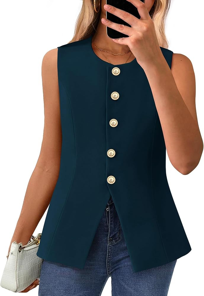 BTFBM Summer Sleeveless Blazer Vest For Women Dressy Button Down Round Neck Business Casual Outfi... | Amazon (US)
