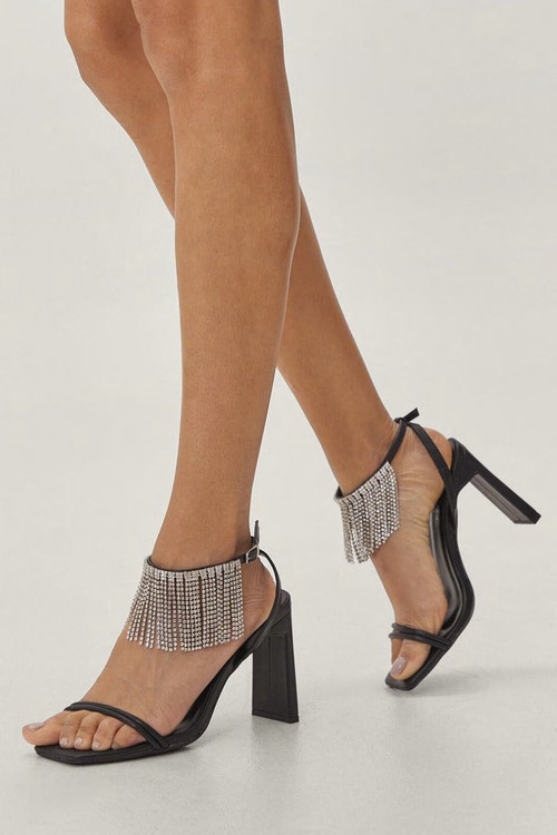 Faux Leather Diamante Fringe Strappy Heels | Nasty Gal (US)
