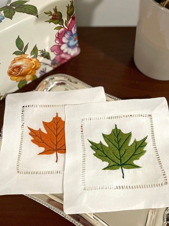 Autumn Cocktail Napkins  Embroidered Linen Coasters  Cotton - Etsy | Etsy (US)