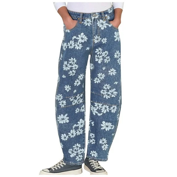 adviicd Women Y2k Distressed Barrel Jeans Baggy Wide Leg Jeans Floral Printed Boyfriend Patchwork... | Walmart (US)