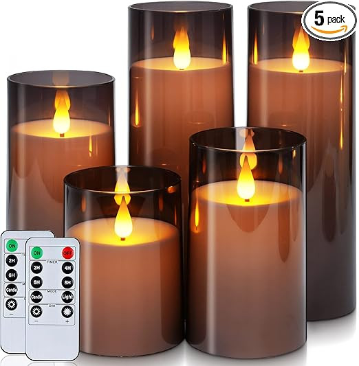 Homemory Gray Flickering Flameless Candles, Battery Operated Acrylic LED Pillar Candles with Remo... | Amazon (US)